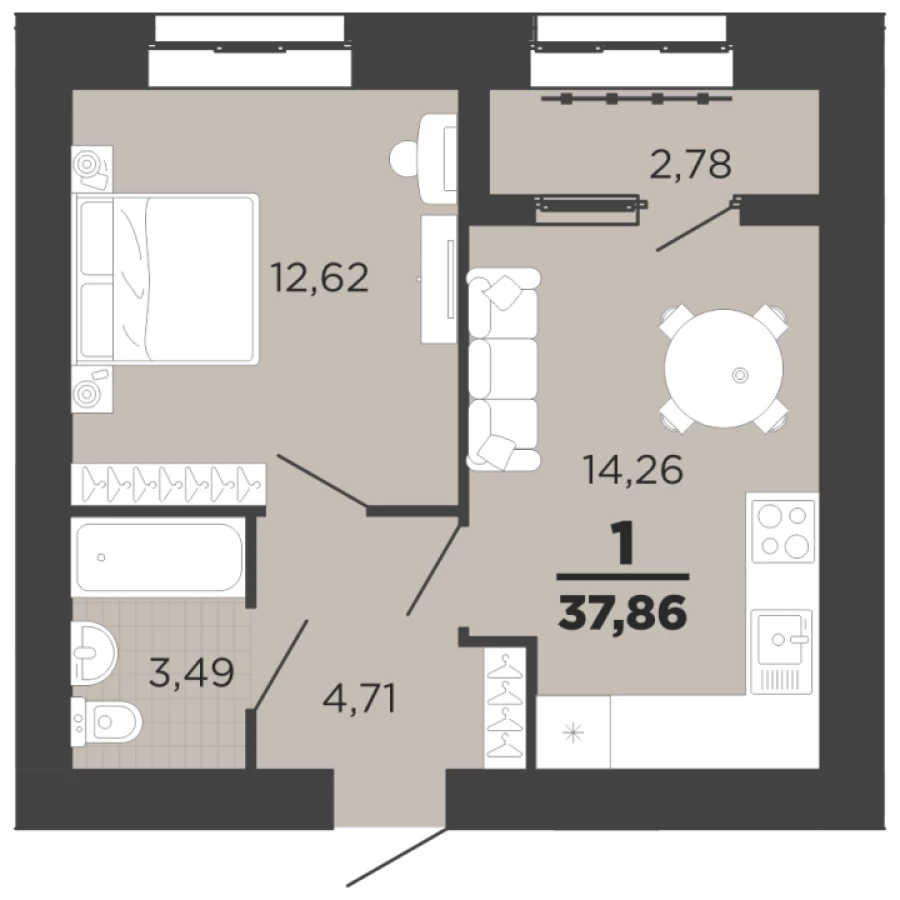 1-ая квартира 37.86 м2 с большой кухней